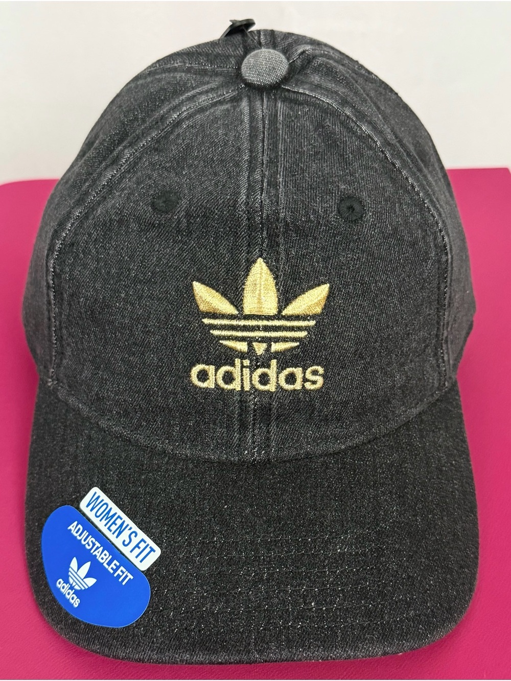 adidas Woman’s Black 100% Cotton Denim Cap with Gold Trefoil/Adjustable Fit NWT